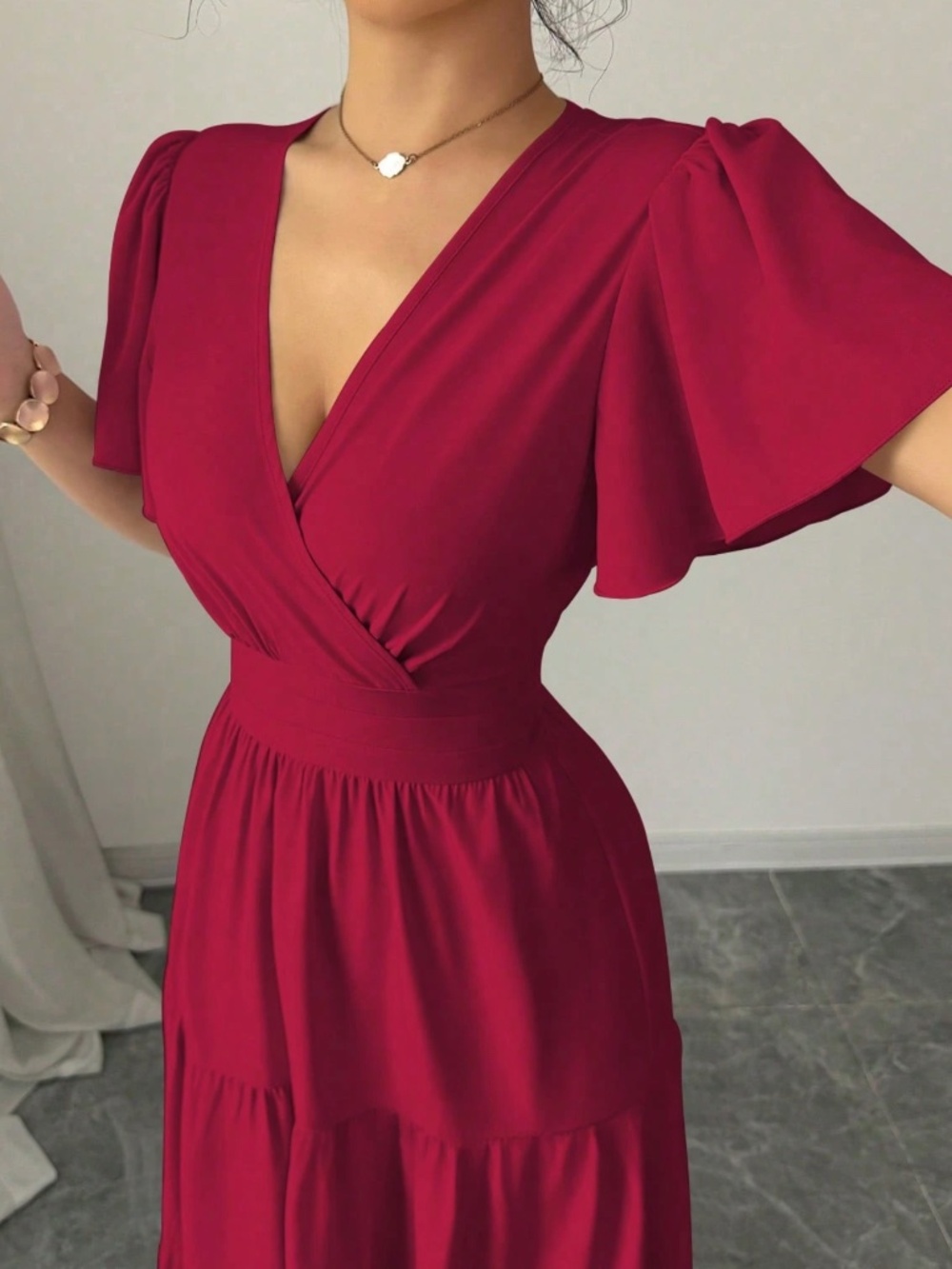 Classic V neck Solid Flounce Sleeve High Waisted Maxi Dress - Picture 8 of 13